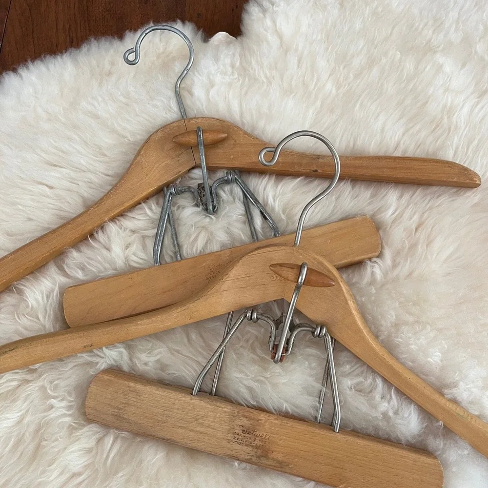 2 Vintage Wooden Suit Hangers with Trouser Clamps, Branded Mid Century Decor